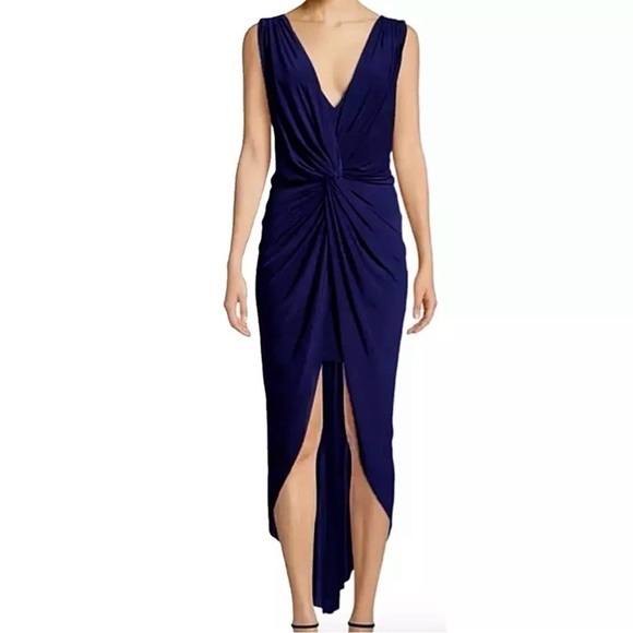 NWT Misa Leza Navy Gathered Crossover Plunge Hi-Low Jersey Dress Small - Picture 1 of 10